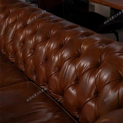 French vintage style button-tufted sofa, classic American cigar bar Burton sofa, mid-century whiskey straight-line sofa