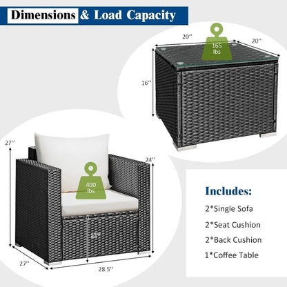 3 Pieces Patio Furniture Set, PE Rattan Wicker Sofa Set w/Washable Cushion and Tempered Glass Tabletop, Outdoor Convers