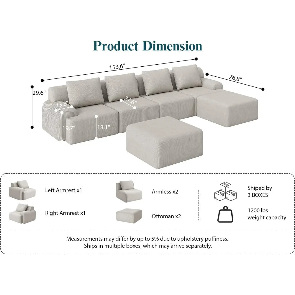 Boneless Luxury Couches for Living Room – Modular Sectional with Plush Corduroy Upholstery, Convertible Oversized No Assembly