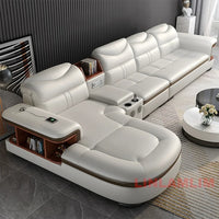 Modern L-Shaped Sectional Sofa with Chaise, Luxury Italian Genuine Leather Couch with adjustable headrest, Storage, USB, Console