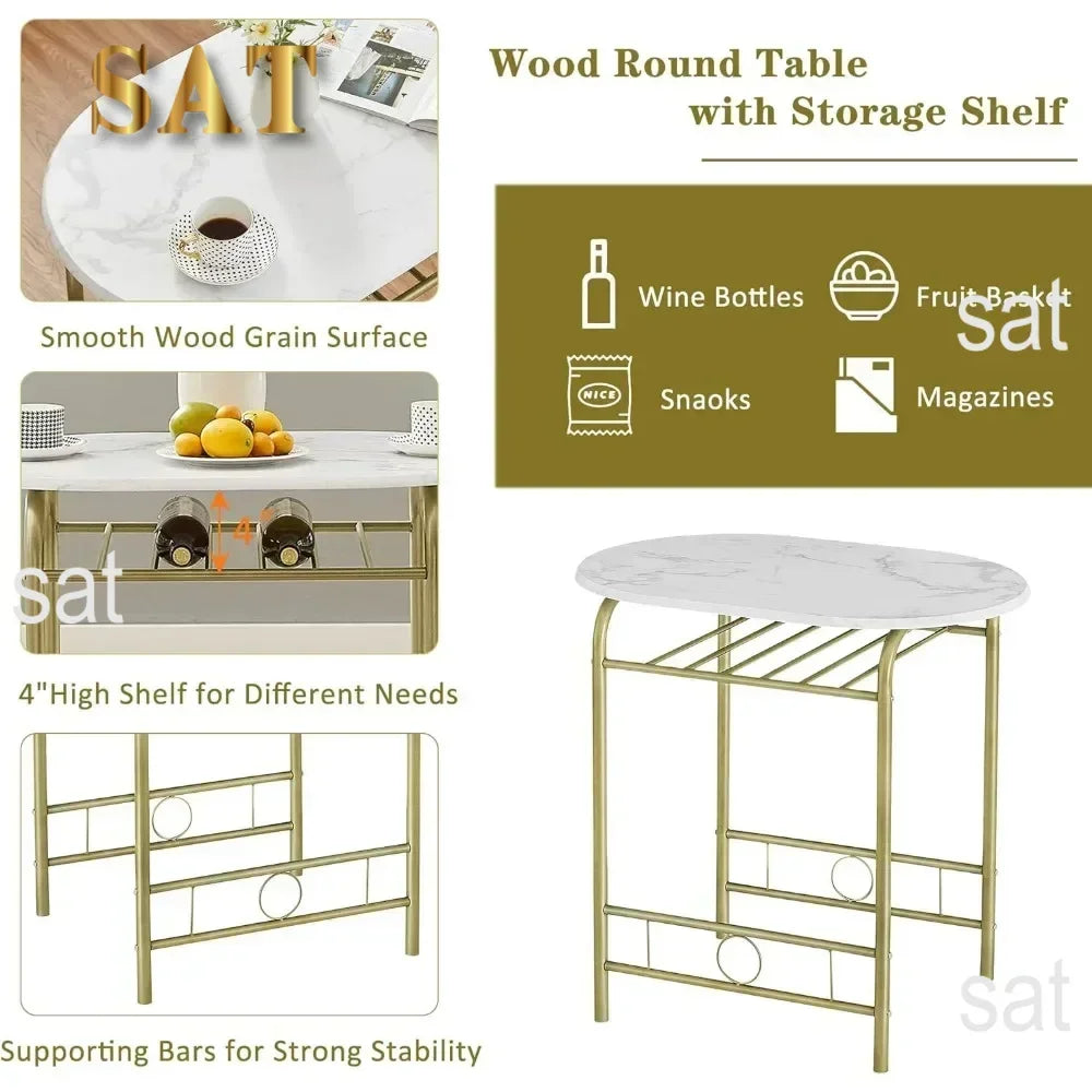v 3 Piece Small Round Dining Table Set for Kitchen Breakfast Nook, Wood Grain Tabletop with Wine Storage Rack, Save Space, 31.