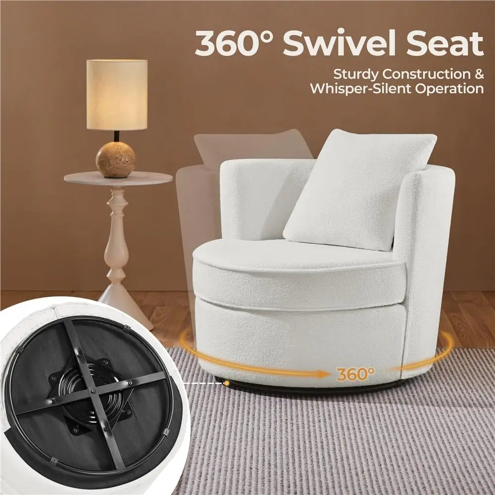 Swivel Accent Chair, 360 Degree Soft Boucle Swivel Barrel Chair, Upholstered Round Armchair with Pillow, Teddy Sofa Sherpa Chair