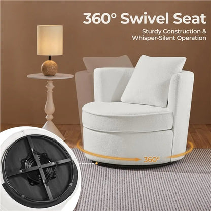 Swivel Accent Chair, 360 Degree Soft Boucle Swivel Barrel Chair, Upholstered Round Armchair with Pillow, Teddy Sofa Sherpa Chair