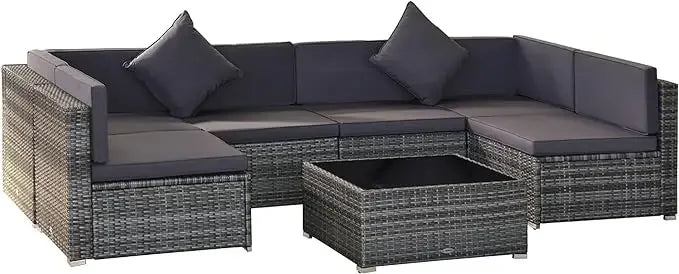 7-Piece Patio Furniture Set, Outdoor Wicker Conversation Set, All Weather PE Rattan Sectional Sofa Set with Glass Table, Pillows
