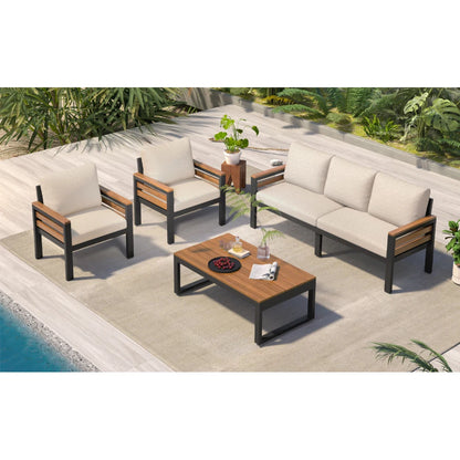 GO 4-Piece Outdoor Furniture Sofa Set for 5 People with Acacia Wood Armrests Patio Conversation Set with Removable Cushion