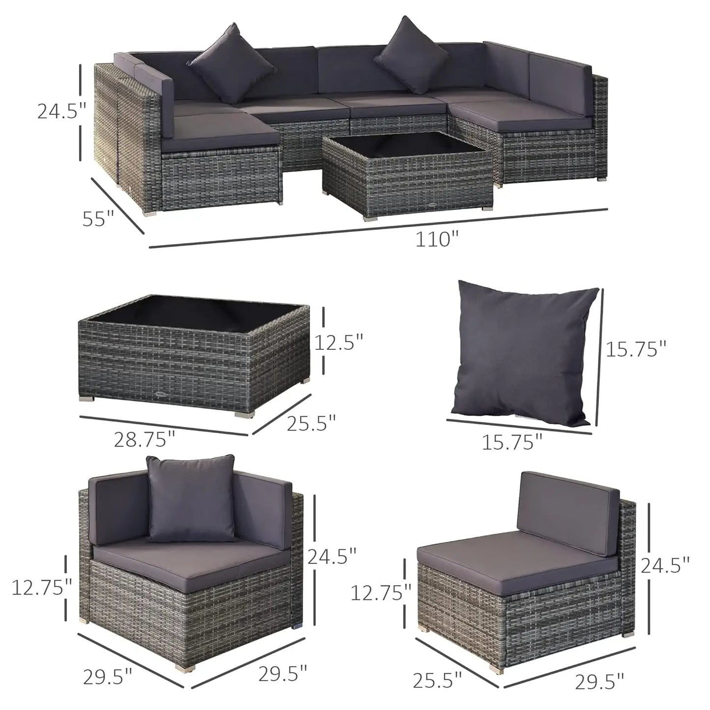 7pc PE Rattan Sectional Sofa All Weather Cushions Tempered Glass Tabletop Outdoor Patio Grey, Customized