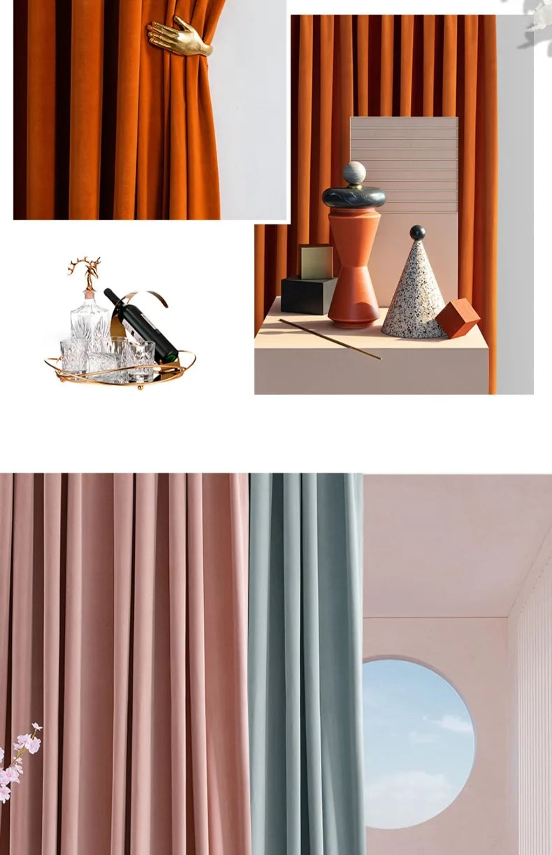 Luxury Nordic Minimalist Blackout Velvet Curtains for Bedroom Living Room Orange Home Decor Custom Tulle and Valance