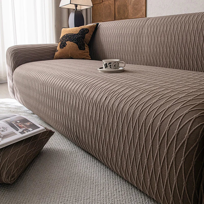 High-End Solid Stretch Sofa Cover Diamond Grid Jacquard Elastic Couch Slipcover Easy-Care Furniture Protector for Living Room
