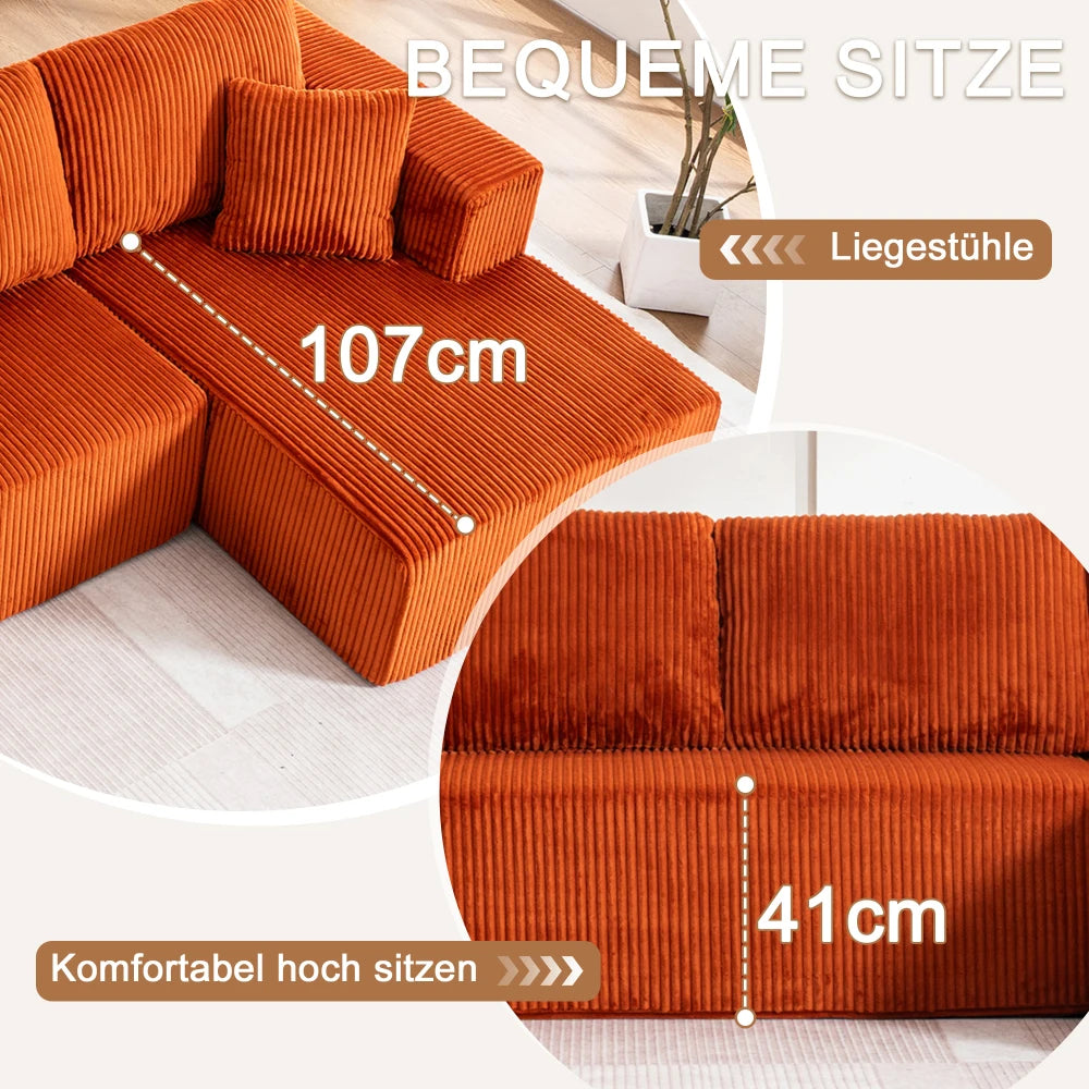 Living Room Boneless Modular Sofa, Corduroy Fabric, Modern U-shaped Leisure Sofa, High-density Sponge, No Assembly, for Home