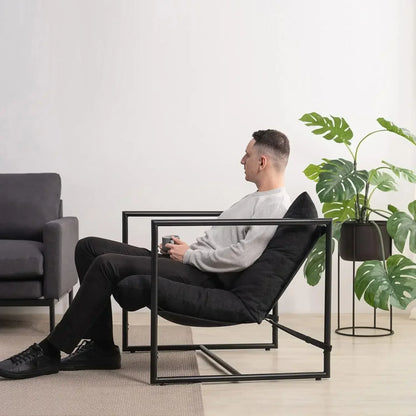 New2025-Aidan Sling Accent Chair, Metal Framed Armchair with Shredded Foam Cushioning, Black