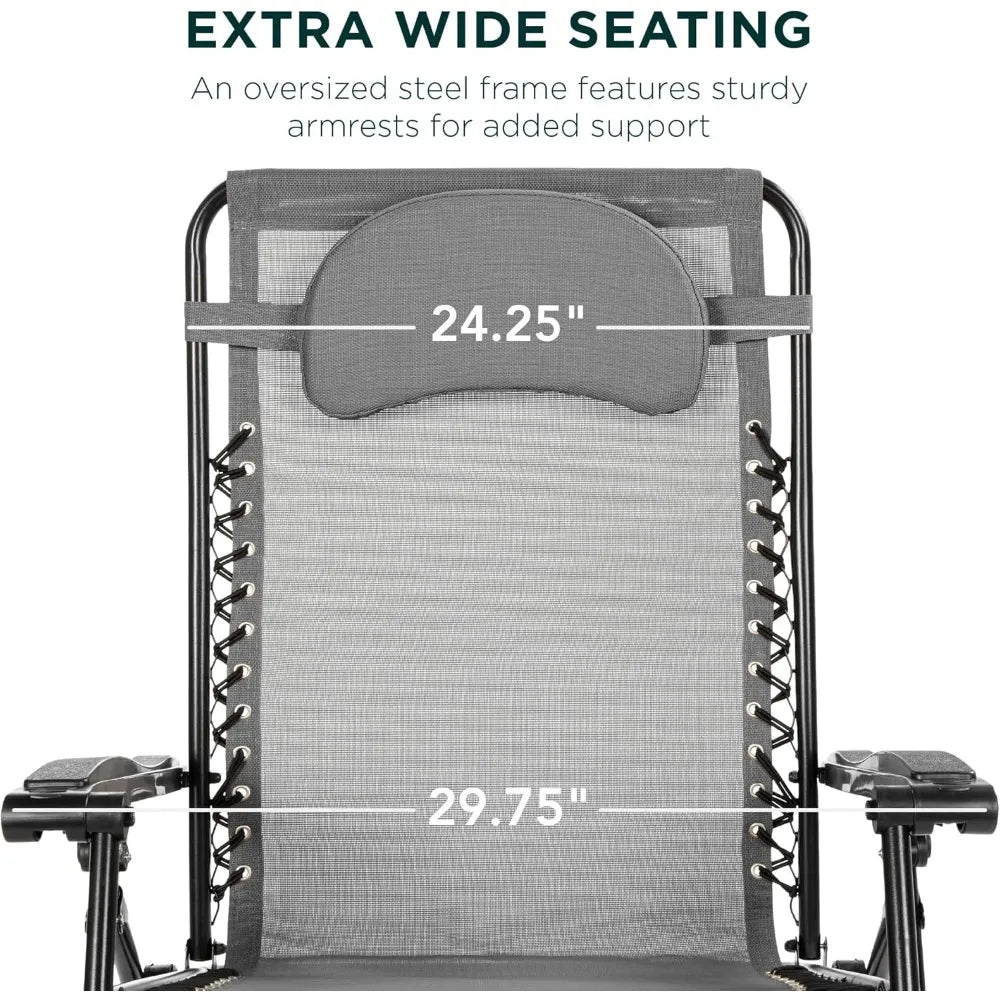 Oversized Zero Gravity Chair, Folding Outdoor Patio Lounge Recliner w/Cup Holder Accessory Tray, Pillow - Gray