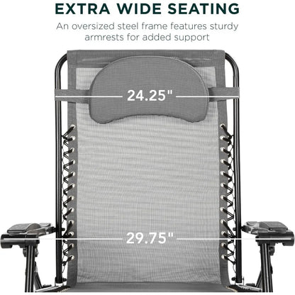 Oversized Zero Gravity Chair, Folding Outdoor Patio Lounge Recliner w/Cup Holder Accessory Tray, Pillow - Gray