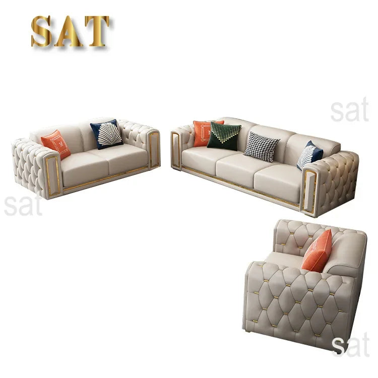 -Modern Luxury High-end Living Room Sofa Set Furniture Upholstered Full Leather Button Tufted Sofa Home