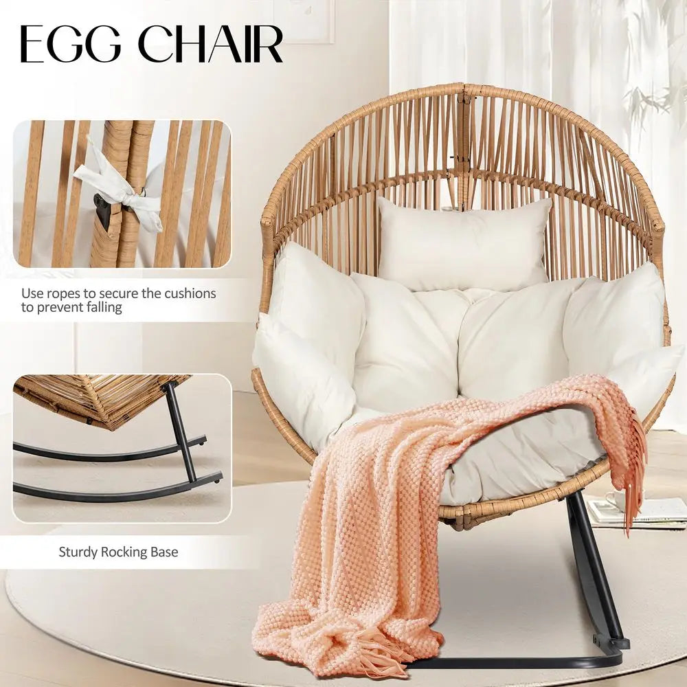 Egg Chair Rocking Chairs, Wicker Patio Chair Oversized Lounger Chair with Cushion for Indoor Living Room Bedroom Outdoor Patio