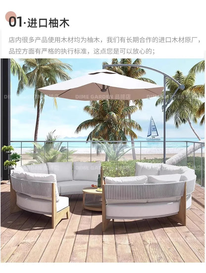 Outdoor circular sofa, rattan woven outdoor courtyard garden, villa restaurant, outdoor booth, anti-corrosion teak furniture