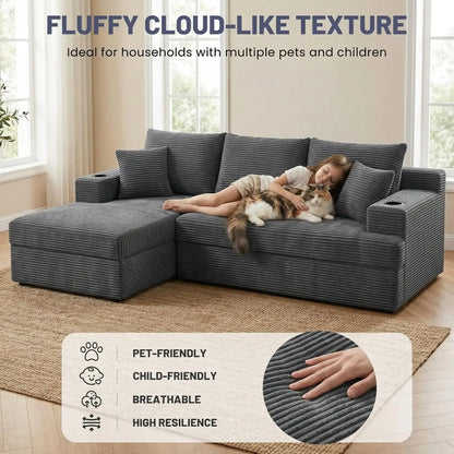 105" L Shaped Sectional Couch, Cloud Modular Boneless Sofa with 2 Cup Holders, Oversized Corduroy Floor Sofa with, Custom