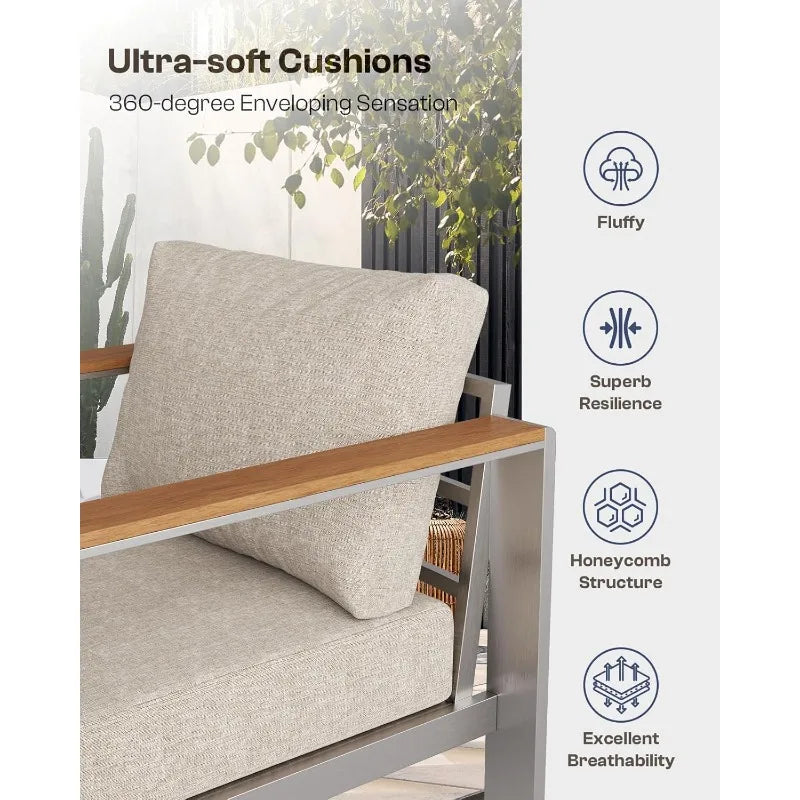 Aluminum Outdoor Patio Furniture Armchair, All-Weather Outdoor Patio Sofa with Washable Thick Cushion, Patio Sofa Couch Set of 2