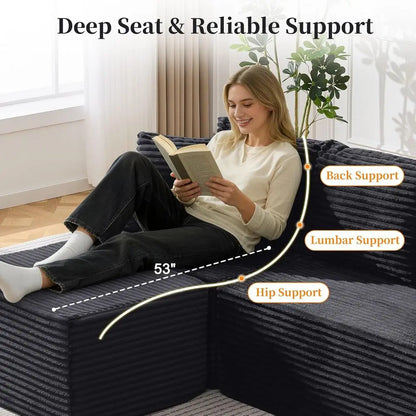 80 L-Shaped Sectional Sofa with Deep Seating and Ottoman, Comfortable Corduroy, Living Room, Bedroom, Easy Setup