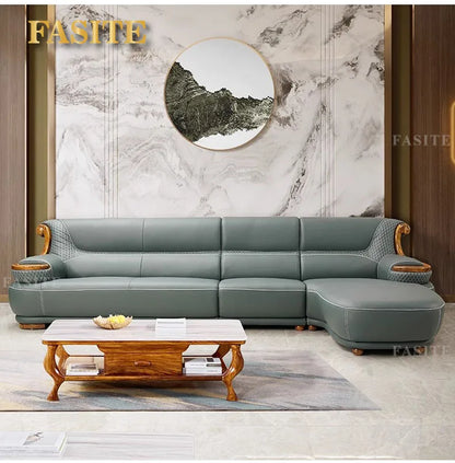 Modern simple ebony leather sofa new Chinese living room size apartment solid wood first layer cowhide new combination