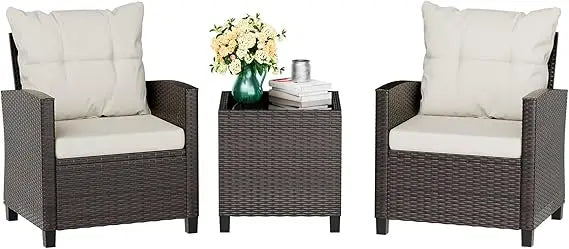 Small Outdoor Wicker Bistro Set with Cushioned Chairs - Patio Furniture for Front Porch Conversation Area