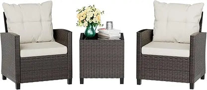 Small Outdoor Wicker Bistro Set with Cushioned Chairs - Patio Furniture for Front Porch Conversation Area