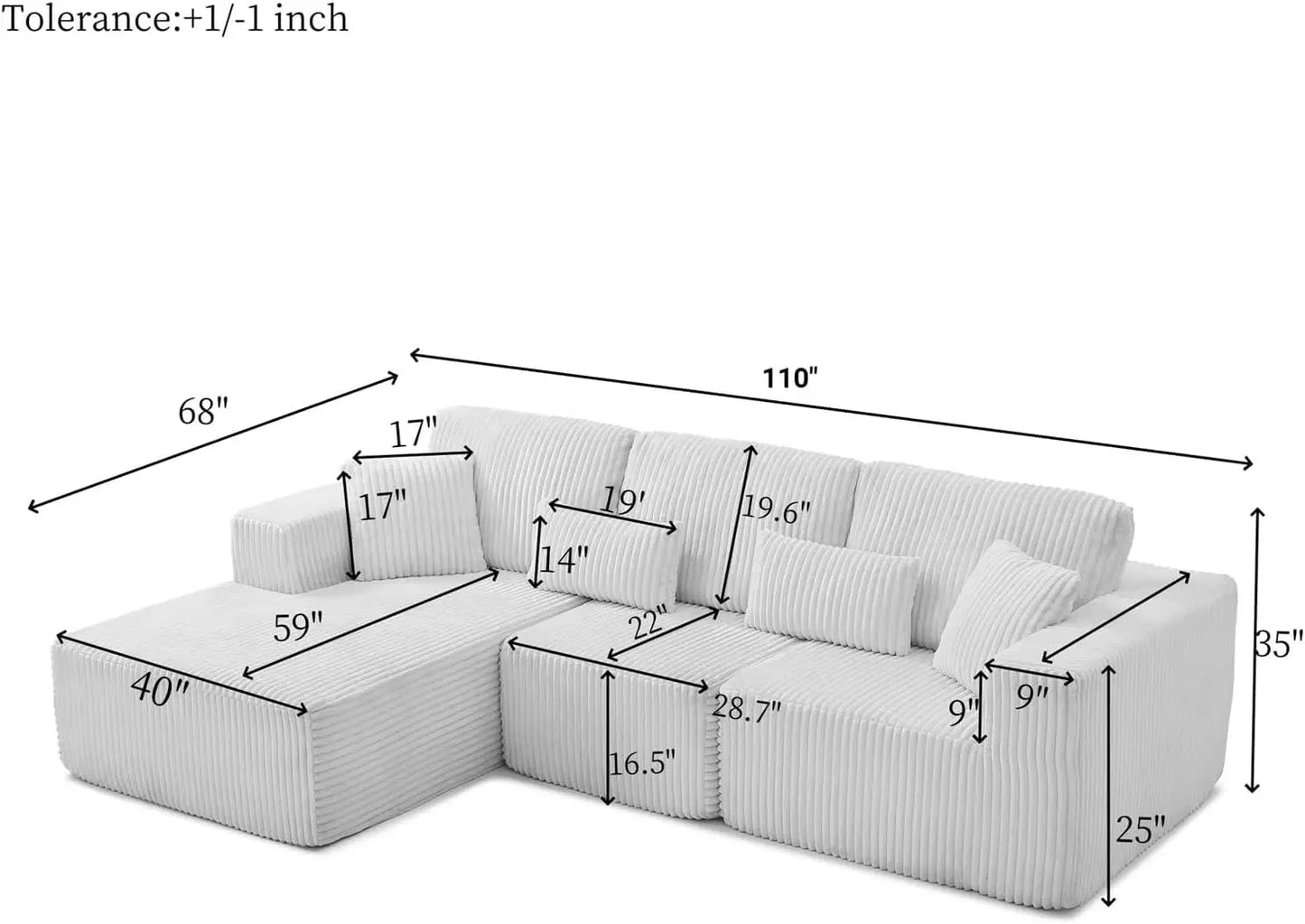 110" Cloud Sectional Couch, Modular Sectional Sofa with Deep Seat, Corduroy Upholstered Boneless Couch for Living Room Bedroom,