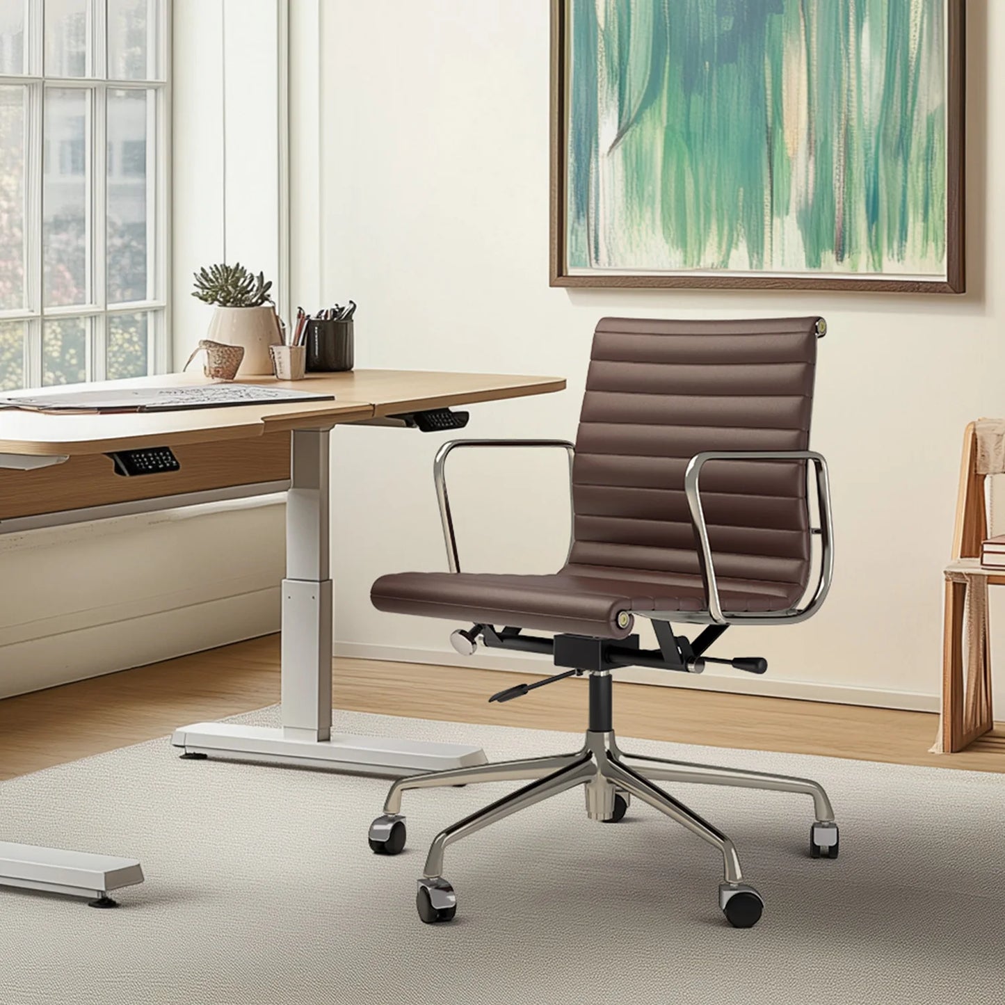 High Mid Back Ribbed Office Chair Genuine Leather Swivel Chair Adjustable Ergonomic Computer Chair with Aluminium Alloy Frame