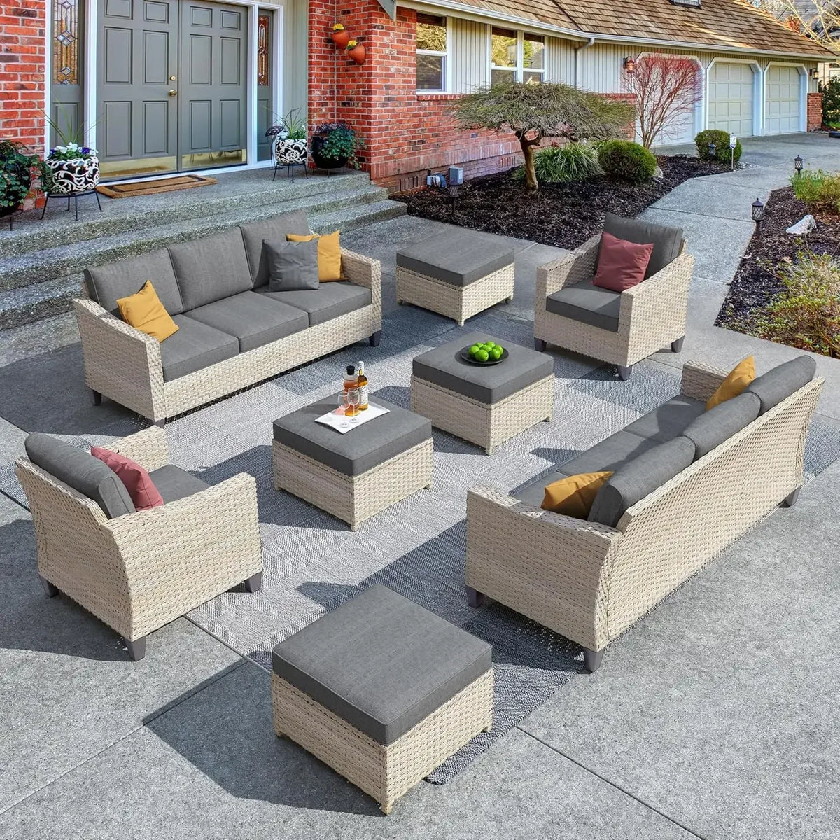 Wicker Patio Furniture Set Modern Outdoor Conversation  Sofa with Cushion and Ottomans for Garden, Poolside, Backyard