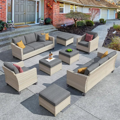 Wicker Patio Furniture Set Modern Outdoor Conversation  Sofa with Cushion and Ottomans for Garden, Poolside, Backyard