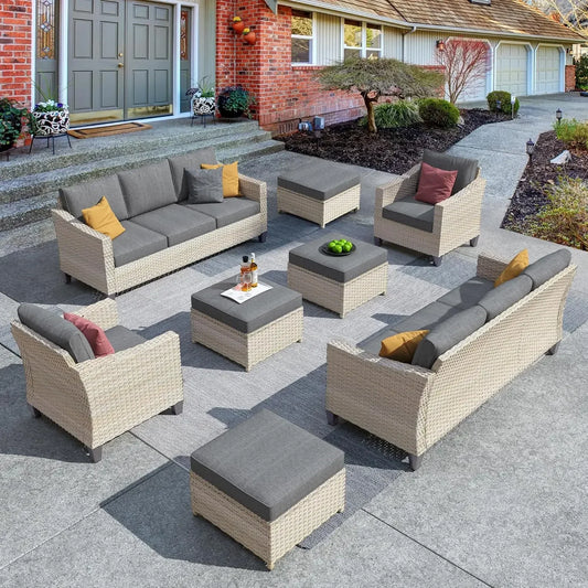 Wicker Patio Furniture Set Modern Outdoor Conversation  Sofa with Cushion and Ottomans for Garden, Poolside, Backyard