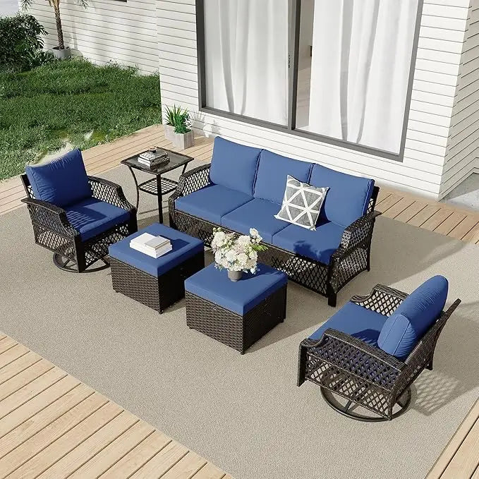 6 Piece Patio Furniture Set, Wicker Outdoor Conversation Sofa Set with Swivel Chairs, 2 Ottomans, Storage Coffee Table,