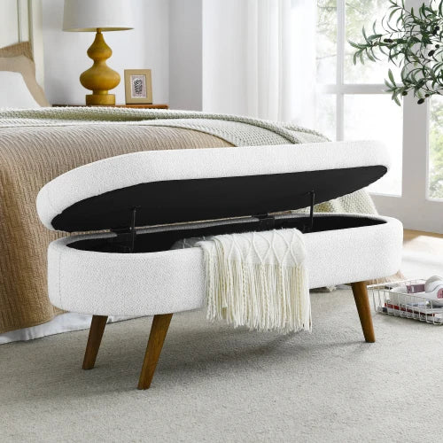 43.8" Boucle Storage Ottoman Bench, 300 Lb Capacity, Upholstered, Safety Hinge, Flip-Top Oval Foot Rest With Wood Legs