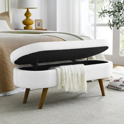 43.8" Boucle Storage Ottoman Bench, 300 Lb Capacity, Upholstered, Safety Hinge, Flip-Top Oval Foot Rest With Wood Legs