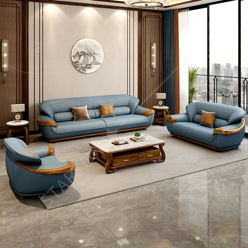 Modern new Chinese ebony sofa top layer cowhide high-end living room leather sofa
