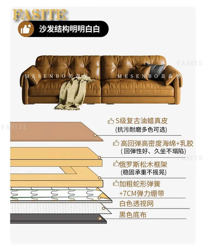 Oil wax leather sofa, French retro style, large and small apartment, living room straight combination