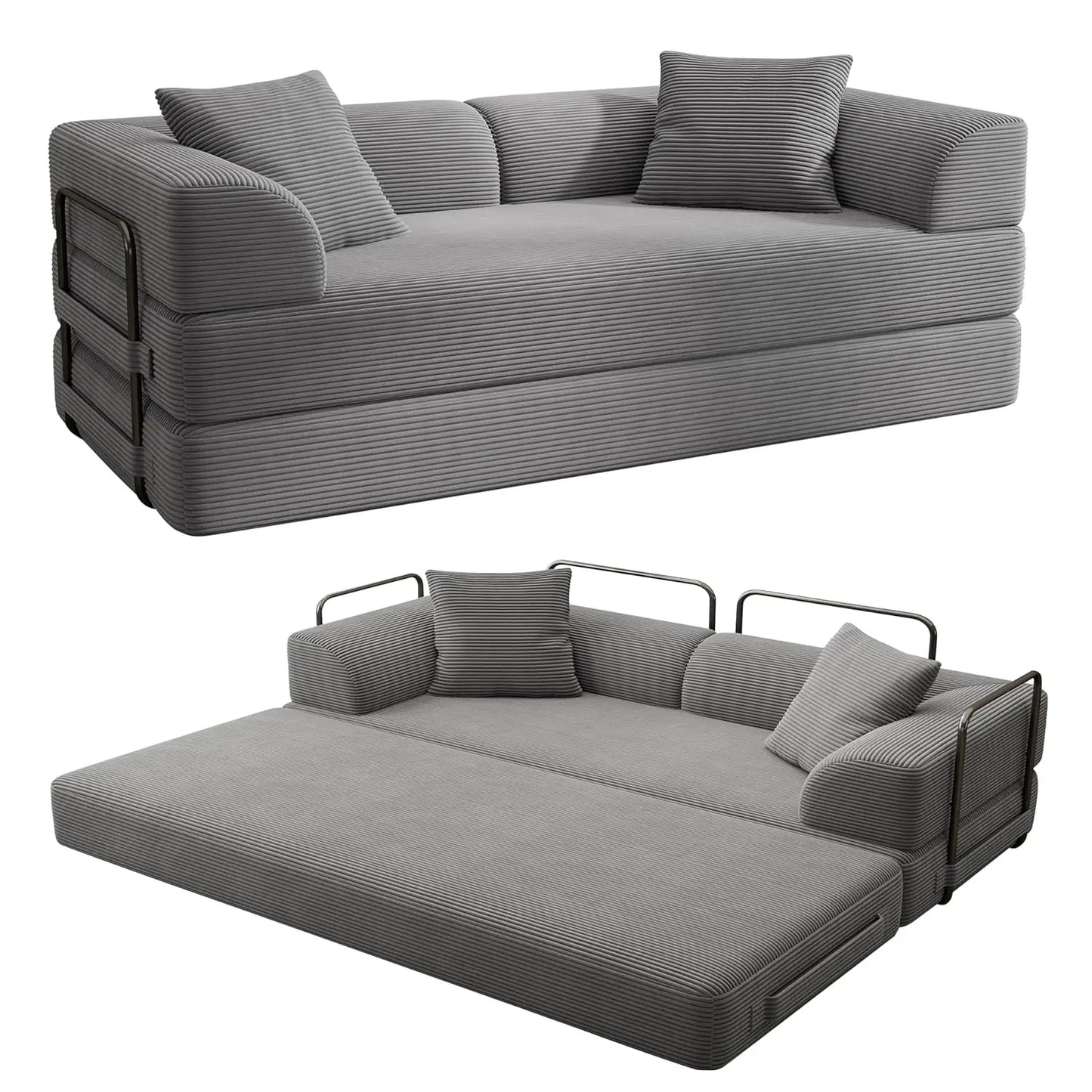 5-in-1 Convertible Sofa Bed Pull-Out Sleeper 70in High-Density Sponge Corduroy Futon Living Room Gray Customized