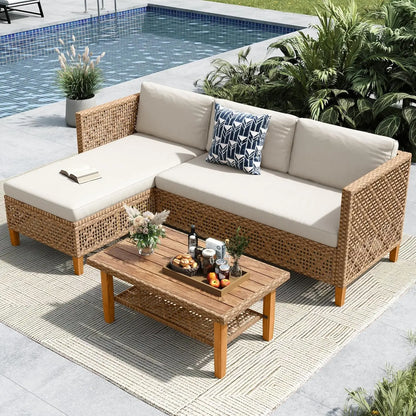 L Shaped Outdoor Sectional Sofa Set Rattan Patio Furniture with Wood Table 3 Pieces Small Conversation Set for Backyard, Custom
