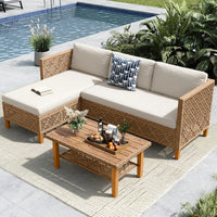 L Shaped Outdoor Sectional Sofa Set Rattan Patio Furniture with Wood Table 3 Pieces Small Conversation Set for Backyard, Custom