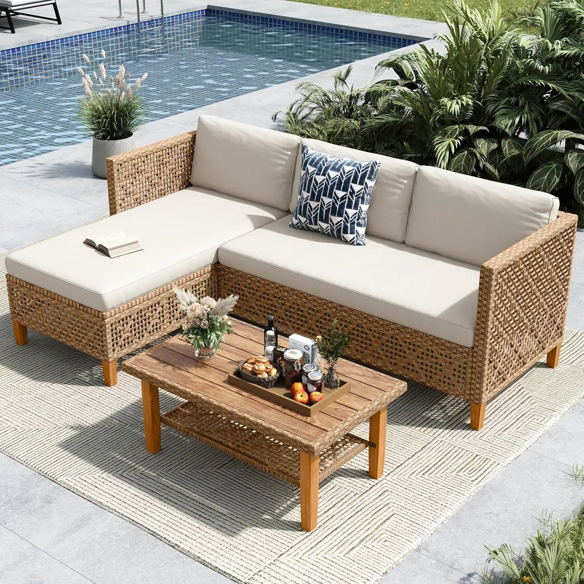 L Shaped Outdoor Sectional Sofa Set Rattan Patio Furniture with Wood Table 3 Pieces Small Conversation Set for Backyard, Custom