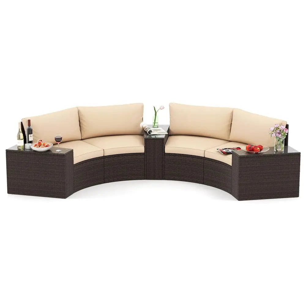 5 Pieces Patio Furniture Set, PE Rattan HalfMoon Curved Sectional Sofas with Tempered Glass Top Side Tables, Outdoor Conversati