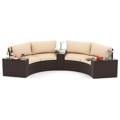 5 Pieces Patio Furniture Set, PE Rattan HalfMoon Curved Sectional Sofas with Tempered Glass Top Side Tables, Outdoor Conversati
