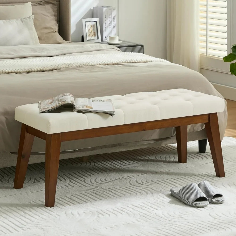 43.5'' Linen Bedroom Bench, Upholstered End of Bed Bench with Tufted Button, Padded Vintage Dining Bench, Entryway Bench