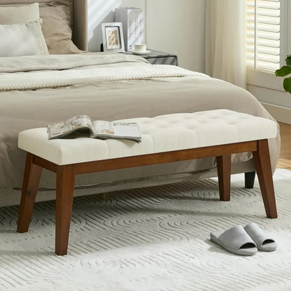 43.5'' Linen Bedroom Bench, Upholstered End of Bed Bench with Tufted Button, Padded Vintage Dining Bench, Entryway Bench