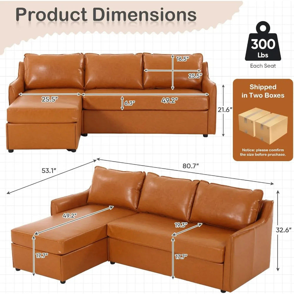 L-Shaped Faux Leather Sectional Sofa with Reversible Chaise, 80.7 Inches Long, Comfortable Mid-Century Modern Living Room Furnit