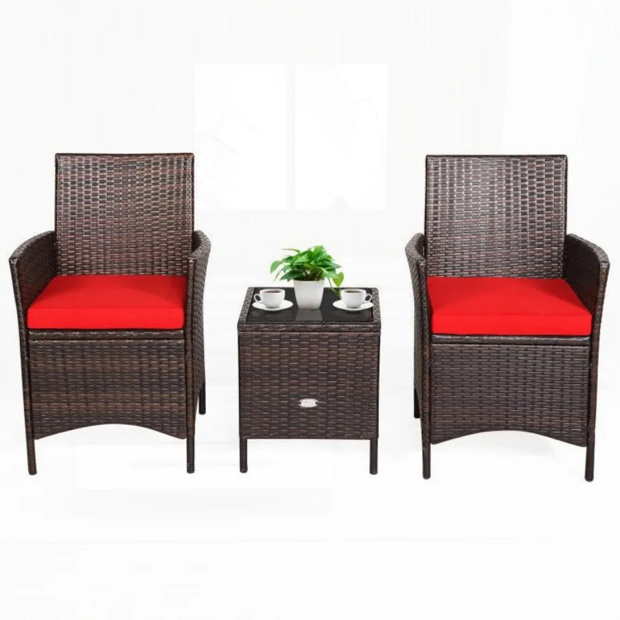 3 Pieces Patio Cushioned Rattan Converstaion Set With Glass Table Top