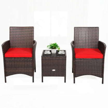 3 Pieces Patio Cushioned Rattan Converstaion Set With Glass Table Top