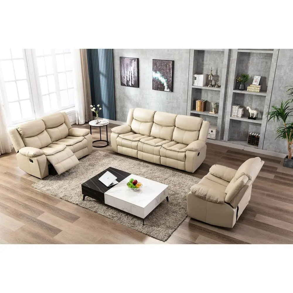 Cream Manual Recliner Loveseat Sofa Set 1+2+3 Seater Pillow Top Arms Pocket Spring Seating Leather Upholstery