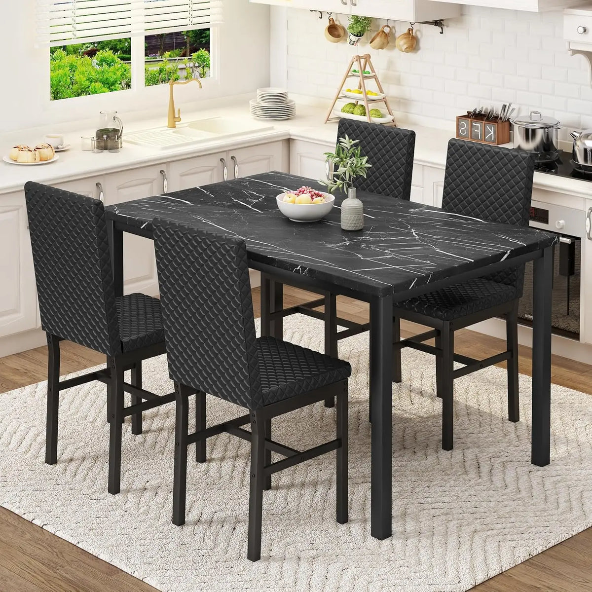 Dining Table Set for 4 Kitchen Table and Chairs Set of 4 Faux Marble Kitchen and Dining with Velvet Upholstered Dinner Chairs