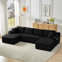 133.5" Black Corduroy Boneless Sectional Couches for Living Room, Oversized Plush U Shaped Cloud Couch Modular Sectional Sofa wi