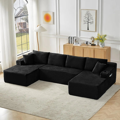 133.5" Black Corduroy Boneless Sectional Couches for Living Room, Oversized Plush U Shaped Cloud Couch Modular Sectional Sofa wi
